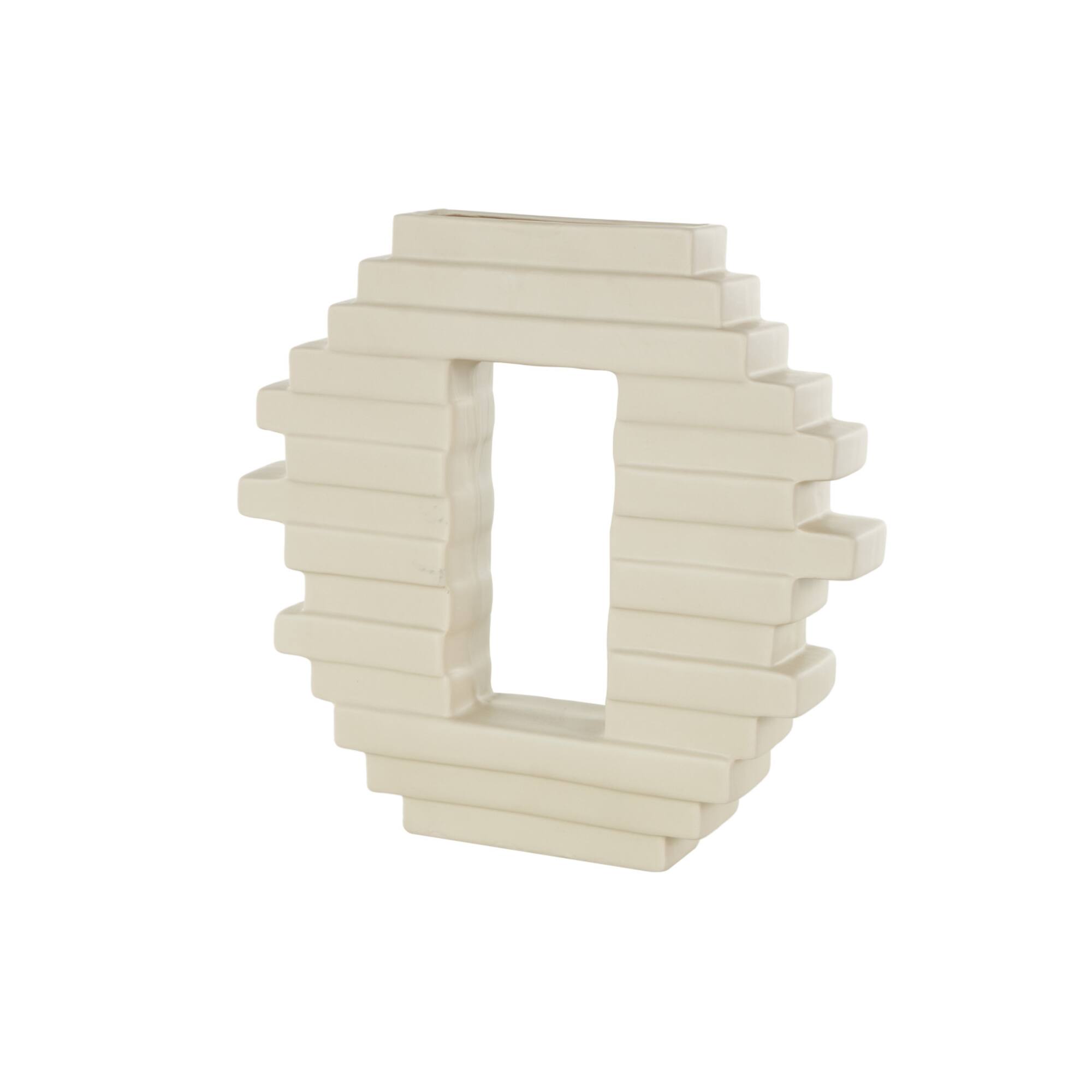 13" Cream Ceramic Abstract Decorative Vase with Rectangular Center Cutout